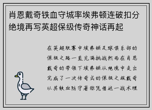 肖恩戴奇铁血守城率埃弗顿连破扣分绝境再写英超保级传奇神话再起 肖恩戴奇铁血守城率埃弗顿连破扣分绝境再写英超保级传奇神话再起
